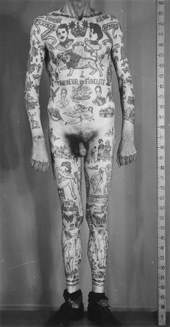 (TATTOO) A suite of 4 photographs of a fully tattoed man, showing his front, back, left, and right sides.